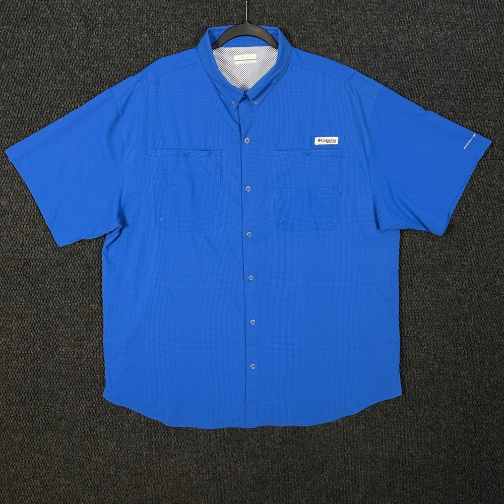 Columbia PFG Fishing Shirt Mens 2XL Blue Short Sleeve Vented Omni-Shade Ripstop